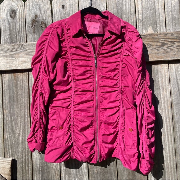 Betsey Johnson Fuchsia Ruched Bomber Jacket Size Large - Picture 1 of 16